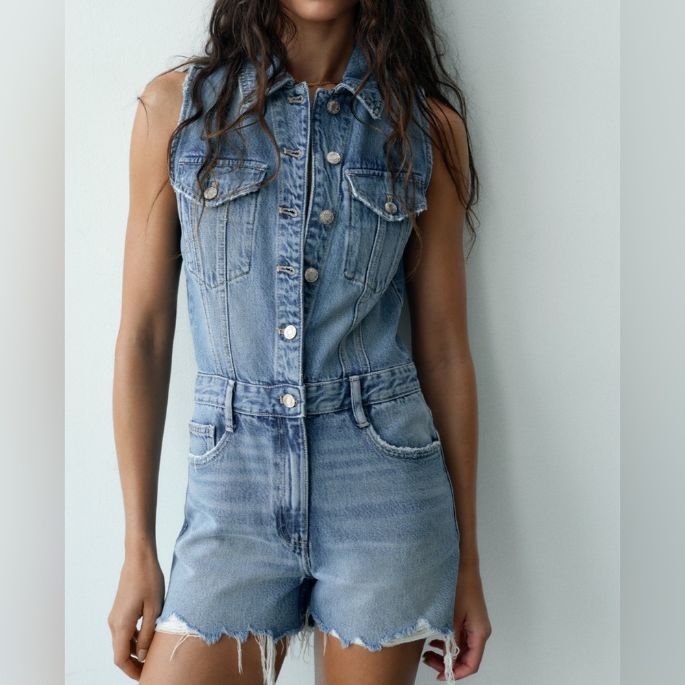 Zara Blue Denim Sleeveless Jumpsuit